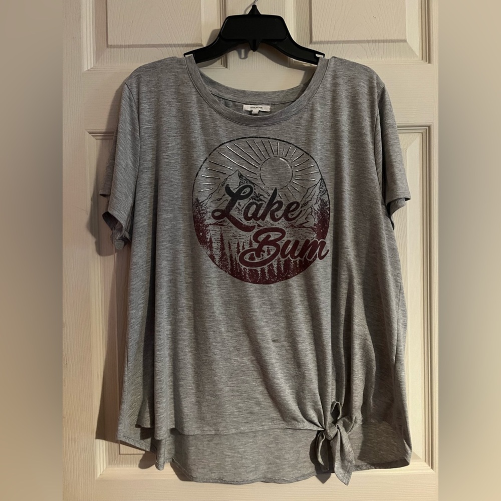 Maurices shirt, top, Lake Bum, gray, knotted hem, size 1 (16/18)